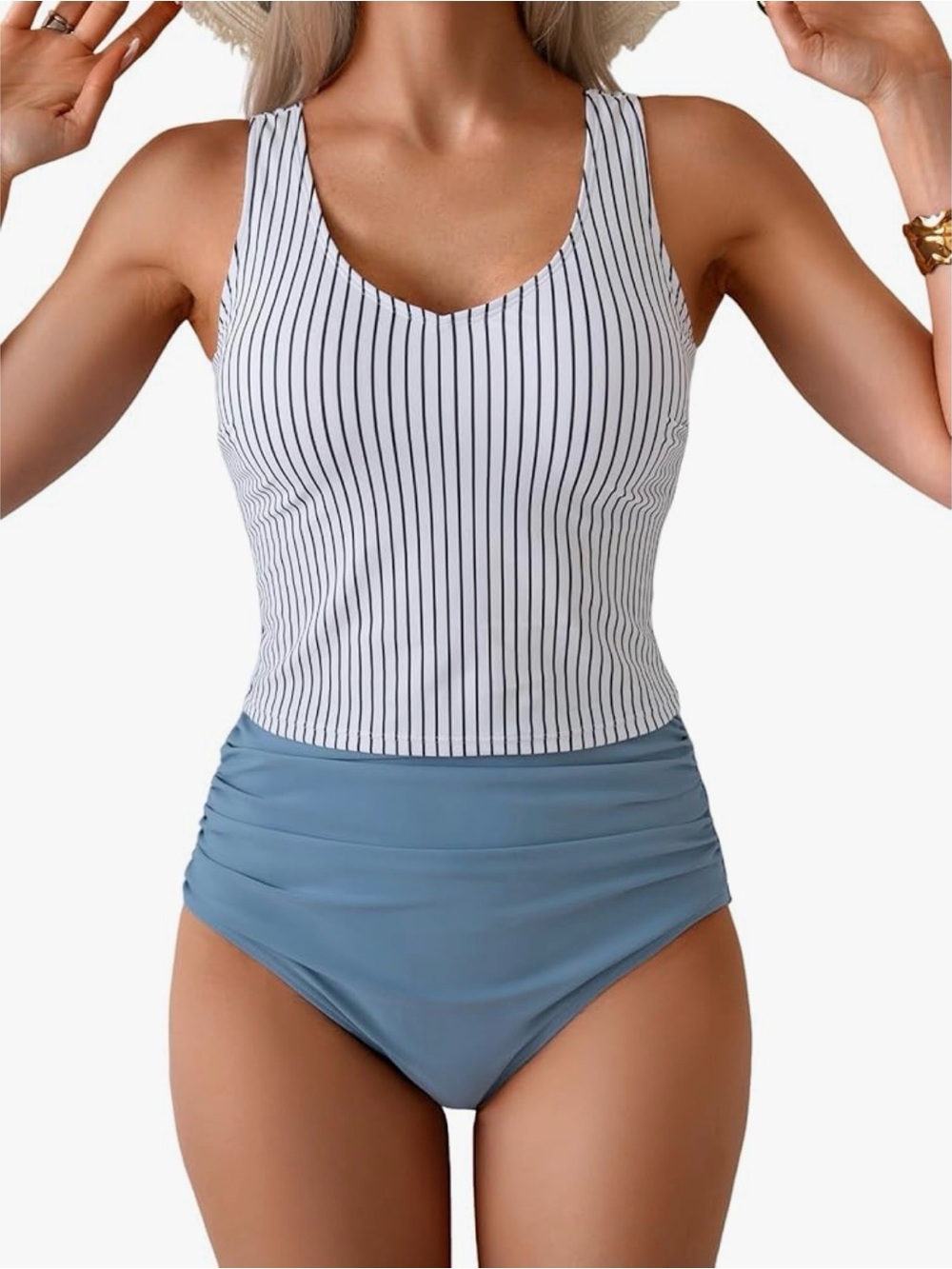 Striped White & Navy Tank One-Piece Swimsuit with Dusty Blue High-Waist Bottoms